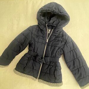 Navy Zip-Up Coat with Hood & Knit Trim – Cozy Winter Layer – 4T